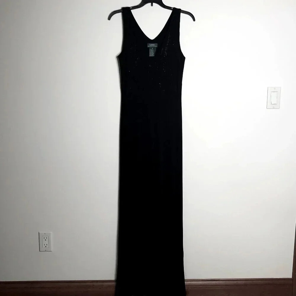 Ralph Lauren Long Black Jersey Dress Embellished with Shiny Pebble, Size M